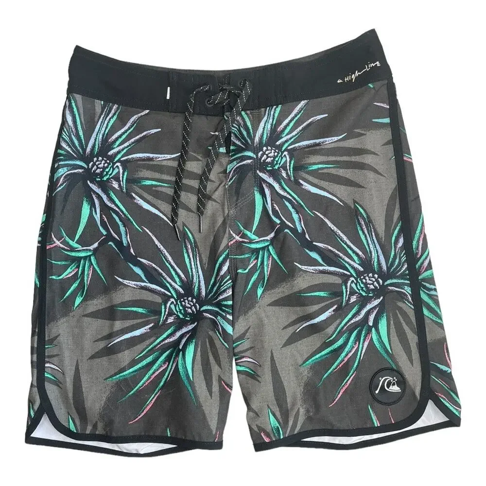 Quiksilver High Line stretch black gray floral leaf print boys size 28 14Y